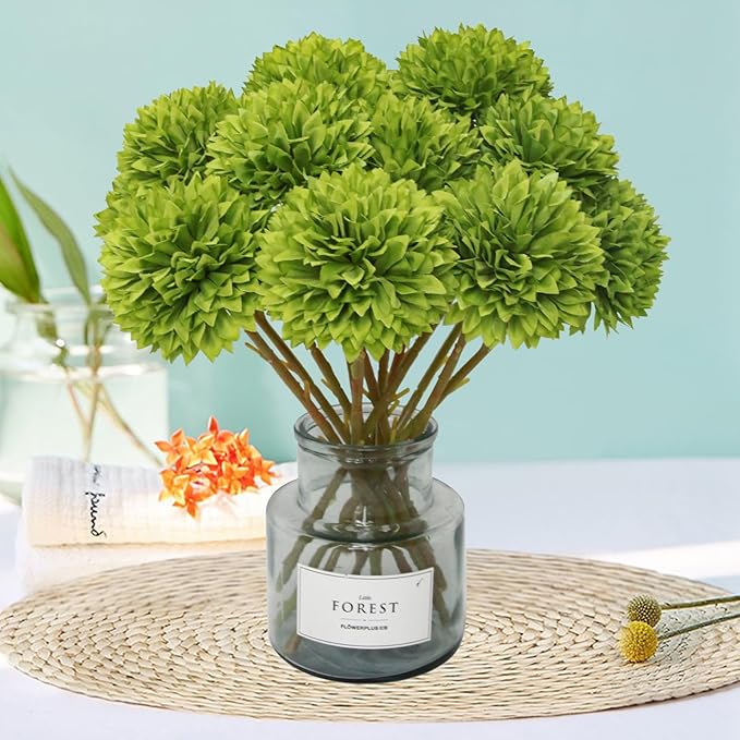 Tinsow 12 pcs Artificial Flowers Green Faux Ball Chrysanthemum Bouquet Flowers Wedding Bouquet for Spring Home Garden Party Wedding Decoration St Patricks Day Table Centerpiece