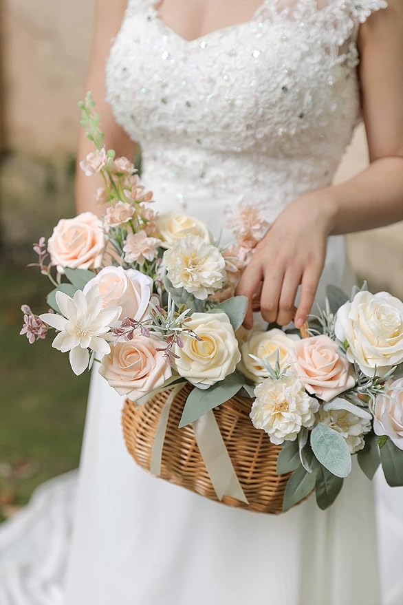 YYHUAWU Champagne Artificial Flowers Box Set Gradient Color Foam and Silk Fake Flowers with Stems for DIY Wedding Bridesmaid Bridal Bouquets Centerpieces Party Home Decoration