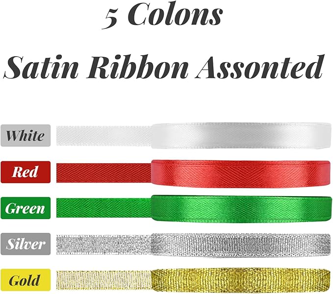 5 Rolls 125 Yards Christmas Ribbons, 10mm Wide Metallic Glitter Fabric Holiday Festival Satin Ribbons for Christmas Gift Wrapping Decoration