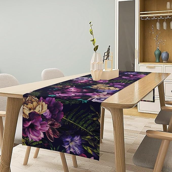 Gothic Flower Table Runner, Watercolor Vintage Dark Purple Floral Romantic Flower Blooming Table Runner for Home Kitchen Dining Table Decor, 13x120inch