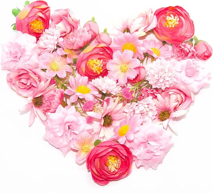 Fabric Flowers Heads for Craft, 40 Pcs Pink Flowers Mini Fake Flowers Heads, Artificial Flowers Faux Daisy Fake Rose, Silk Flowers Artificial Daisy for Hair Decoration, Wreath Making, Scrapbooking