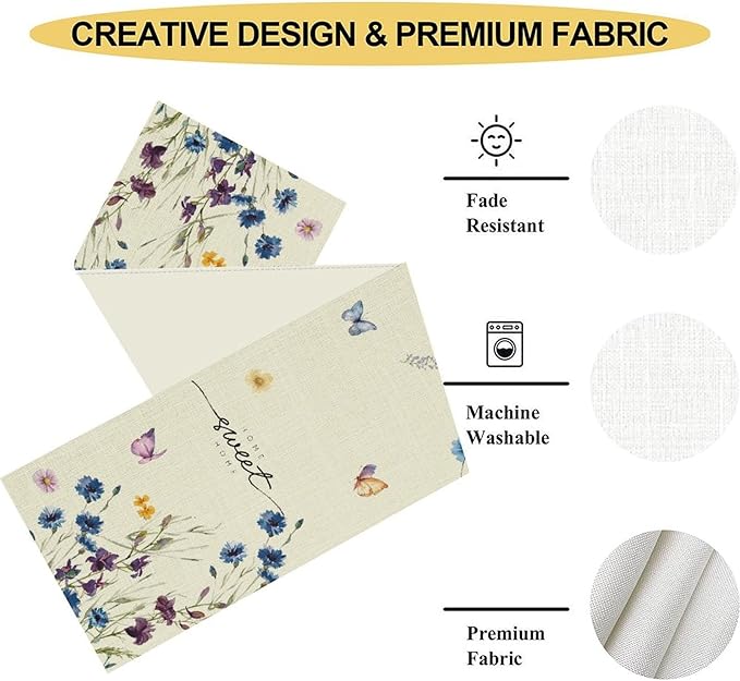 Blue Floral Table Runner, Spring Summer Watercolor Wildflower Butterfly Country Farmhouse Coffee Table Center Decor for Home Kitchen Dining Patio Holiday Party Table Decorations 13x108 inches