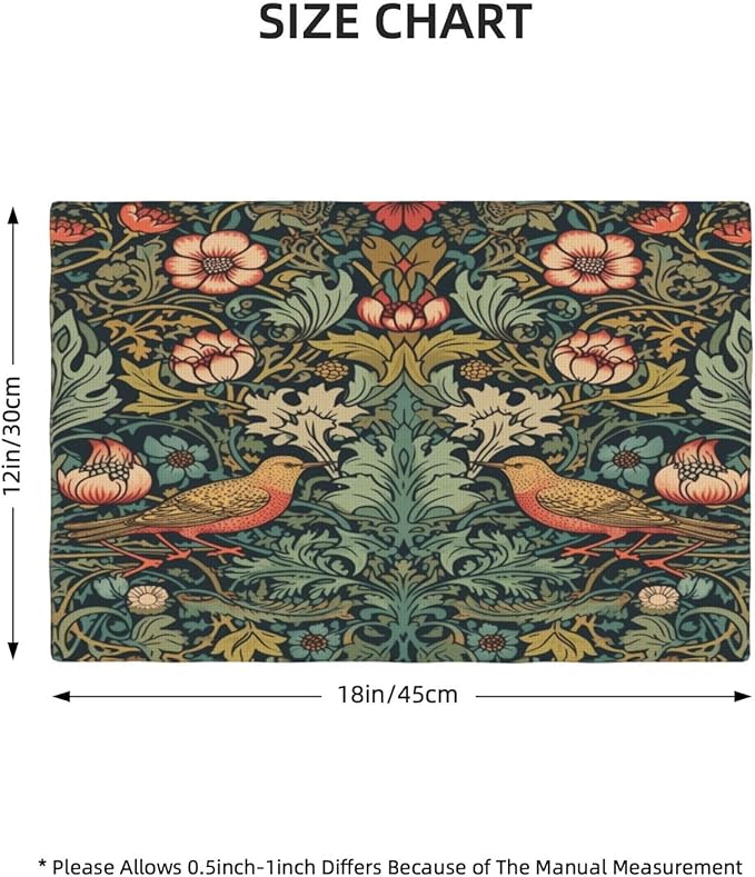 William Morris Placemats, Vintage Rustic Abstract Green Plants Flowers Nature Birds Print Washable Fabric Placemats Table Kitchen Dining Party 12x18 Inch Set of 6