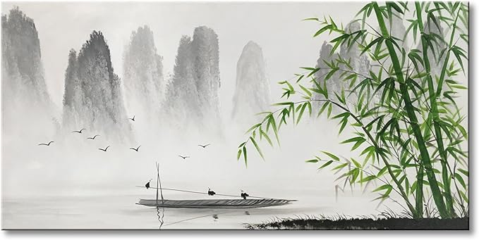 Winpeak Art Traditional Chinese Painting Black and White Landscape Canvas Wall Art Bamboo Artwork