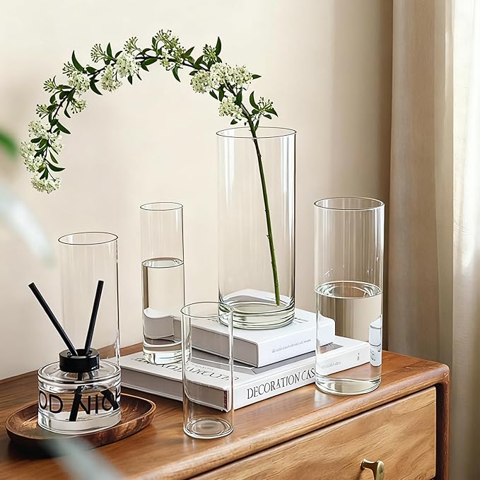 Cylinder Glass Bud Vases Set of 15 Clear Flower Vase for Centerpieces Shelf, Modern Small Vases for Living Room Bedroom Office Home, Decor for Wedding House Warming Party