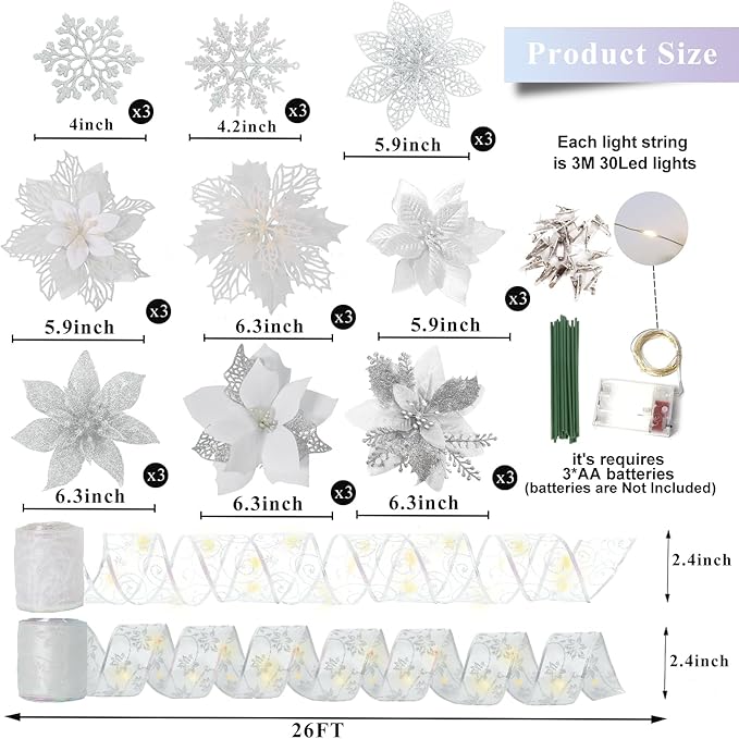 72 Pcs 9 Styles Christmas Glitter Poinsettia Flowers,Christmas White Glitter Artificial Poinsettia Flower Tree Ornaments for Xmas Wreaths Garland Floral Gift Winter Wedding Holiday Decoration(White)