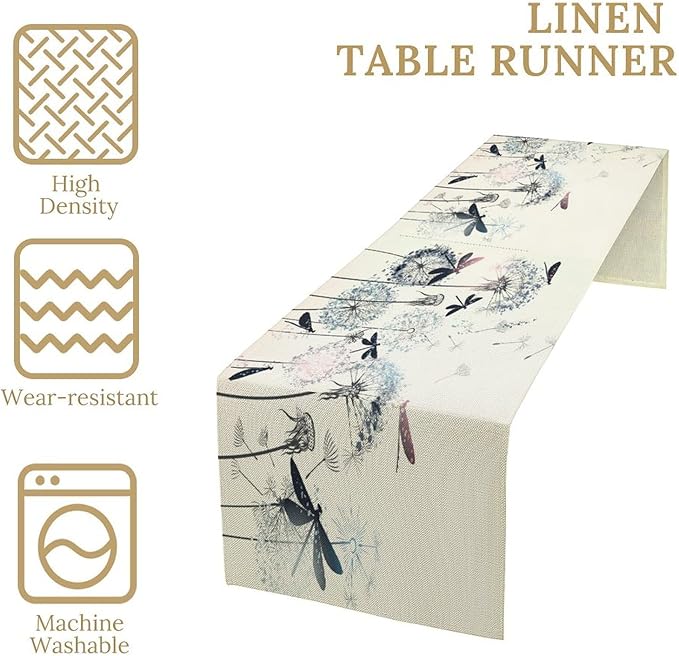 Dandelion Table Runner,Nature Rustic Dragonfly Teal Blue Floral Pattern Print Burlap Tablecloth for Hotel Indoors Outdoor Dining Room Kitchen Table Decor, 13x108in