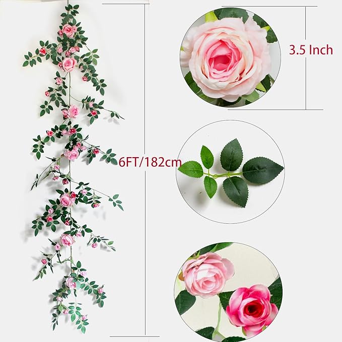 6FT Bendable Flower Garland, Artificial Rose Vine Hanging Floral Garland Decoration for Weding Home Room Wall Decor (Pink, 1pcs)
