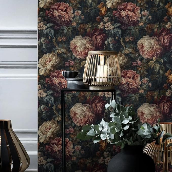 Dark Black Pink White Plum Floral Peony Flowers Peel and Stick Wallpaper Easy Peel Off Contact Paper Stick on Adhesive Wall Paper for Bathroom Waterproof Renter Friendly