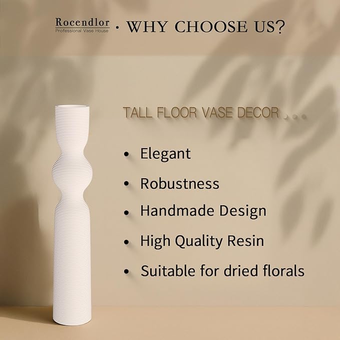 White Vases, 23.62'' Tall Floor Vase with 13.5'' Mouth & 4.3'' Base, Ideal for Dried Pampas Grass & Home Decor, Modern Floor Vase for Living Room/Entryway
