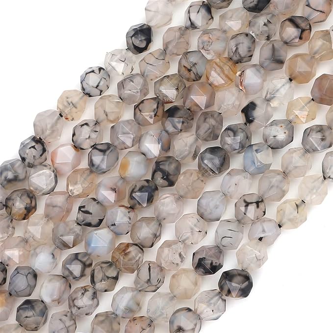 Faceted Natural Black Dragon Agate Stone Round Beads 8mm 36cm/Strand for Jewelry Making