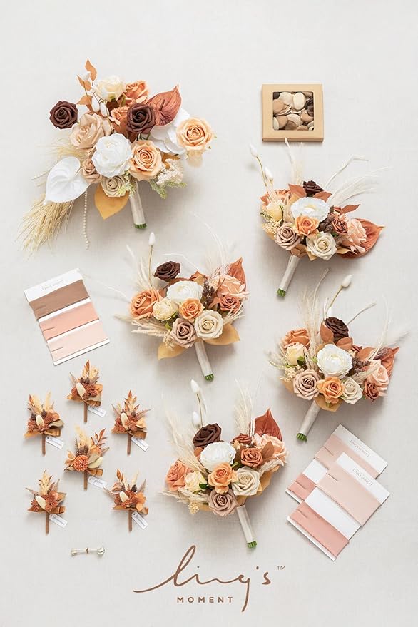 Ling's moment Wedding Artificial Flowers Package, Bridal Bouquet, Bridesmaid Bouquets, Boutonniere for Men, Rose Petals.Boho Dried Rustic Orange