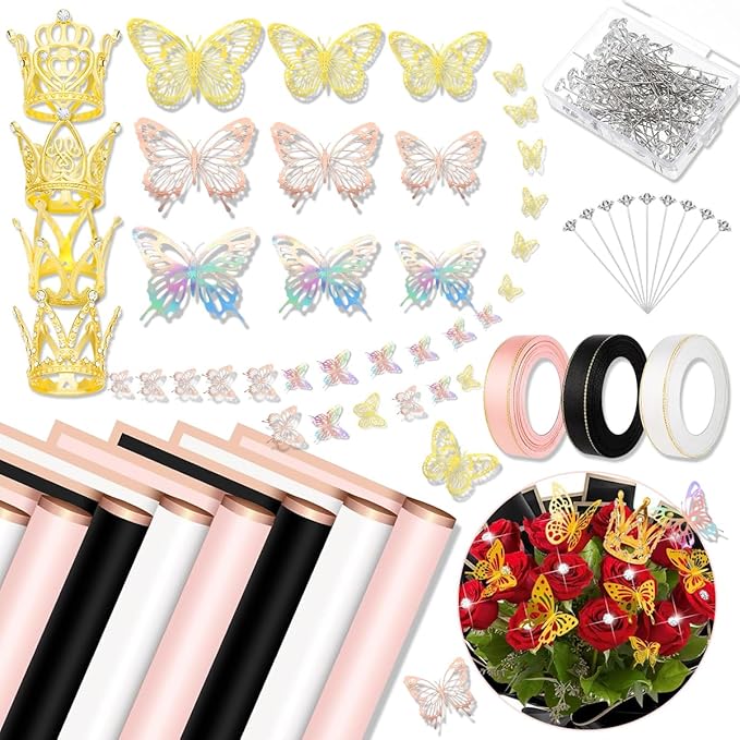 Bouquet Wrapping Paper Kits, 60Sheets Waterproof Flower Wrapping Paper, Floral Wrapping Paper Bouquet in Black Pink Beige With Ribbons, Flower Pins, 3D Butterflies & Crowns for Florist Wrap (HUA-H1)