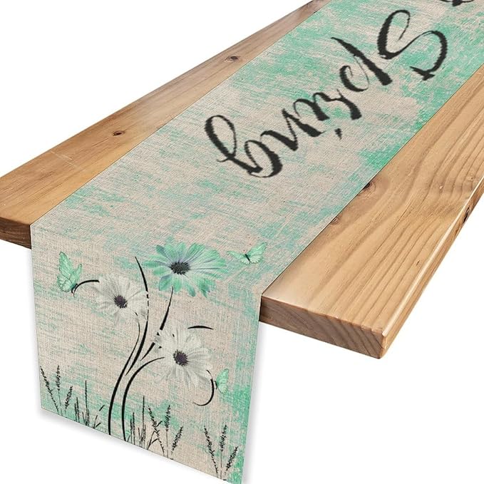 Daisy Floral Table Runner, Rustic Sunflower Wild Flowers Wooden Spring Teal Decor for Family Kitchen Farmhouse Holiday Party Table Decorations Indoor Outdoor 13x108 inch