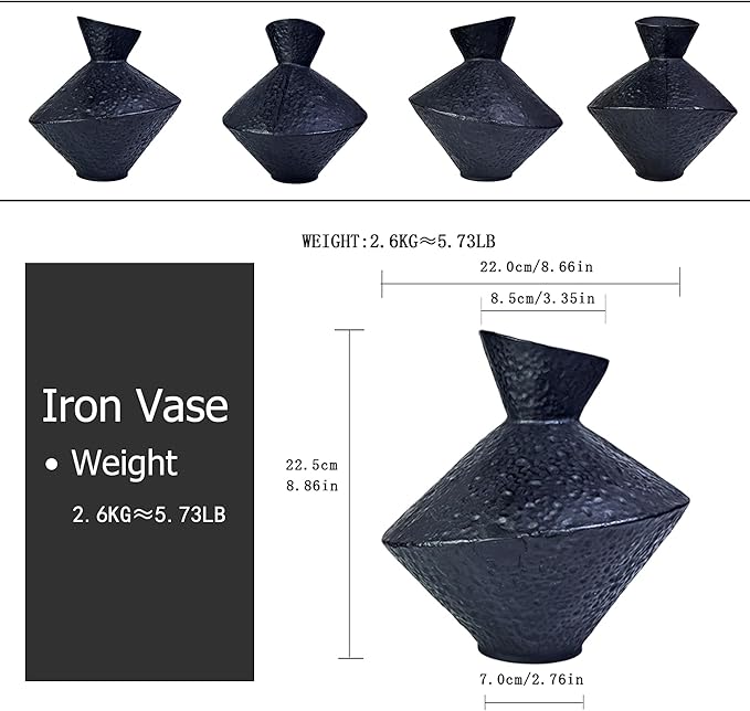 Unique Handmade Cast Iron Vase for Dried Flowers or Pampas Grass, 8.86" H Heavy and Durable Wabi Sabi Vases, Handicraft, Matte Black Vase for Modern, Rustic and Farmhouse Decor