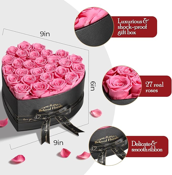 27 Preserved Flowers Rose Birthday Gifts for Women Her Mom Wife Girlfriend Grandma on Valentines Mothers Day Christmas Anniversary Romantic(Pink)