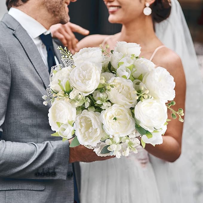 Artificial Peonies Silk Flowers, White Faux Peony Bouquet 2 Bundles Florals Arrangements Decor for Farmhouse Home Boho Wedding Table Centerpiece, Fake Plastic Flowers Bulk for Vase Decoration (White)