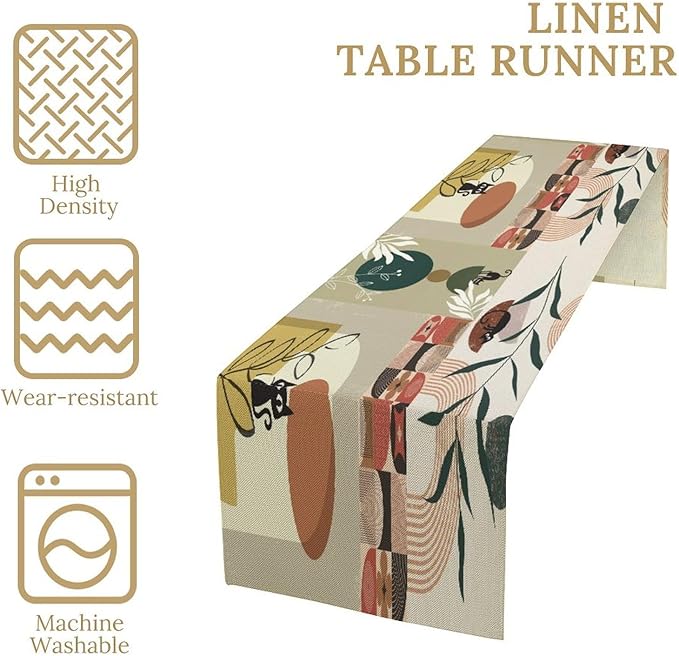 Mid Century Table Runner,Abstract Boho Plant Leaf Botanical Cat Modern Geometric Pattern Print Burlap for Hotel Indoors Outdoor Dining Room Kitchen Home Decor, 13x80in