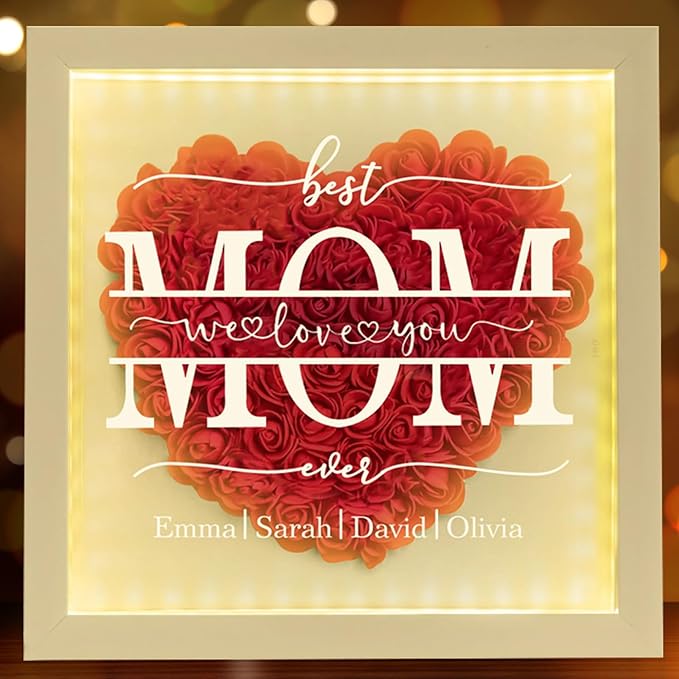 Personalized Mom Flower Shadow Box With LED Light Best Mom Ever Flower Shadow Box Light Up Picture Frame With Kid's Name Mothers Day Gifts for Mama Grandma Family Birthday