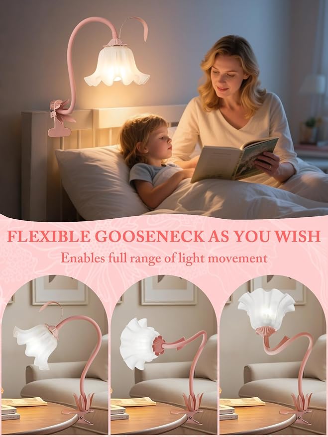 Flower Desk Lamp,LED Reading Light 360°Rotation Clip on Lamps,Vintage Flower Bedside Night Light,3 Colors Modes Book Lights Decor for Bedroom Bed Headboard Office Lighting Home Decoration (Pink)