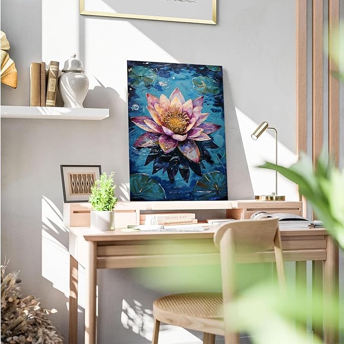 Gorgeous pink and purple water lilies on deep blue water Eye-catching oil painting Serene aquatic wall art for modern home decor 28x40in Wood Framed