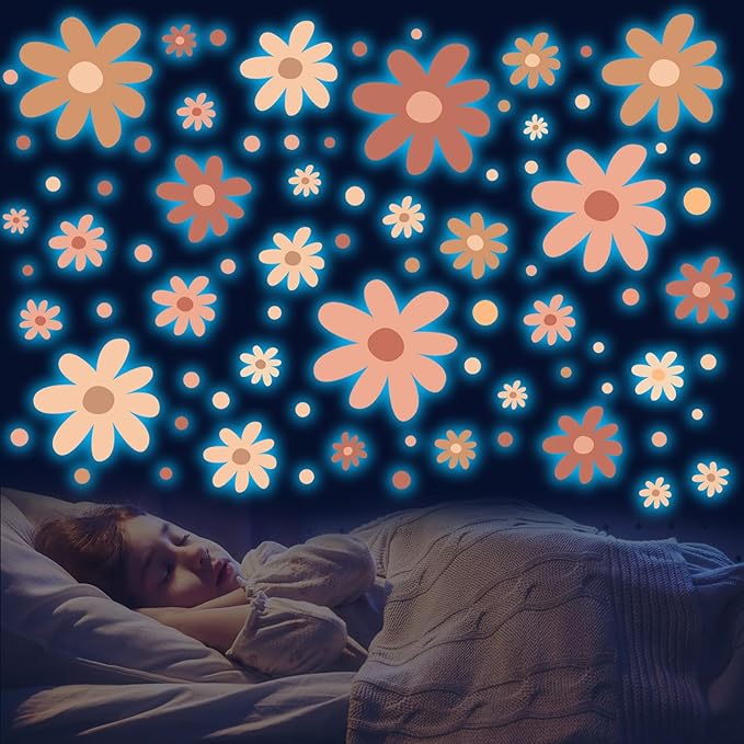 Glow in The Dark Big Daisy Wall Decals，Glowing Luminous Large Cute Daisy Wall Stickers Colorful Removable self-Adhesive Flower Boho Decals for Girls Bedroom Kids Baby Nursery Living Room Decor