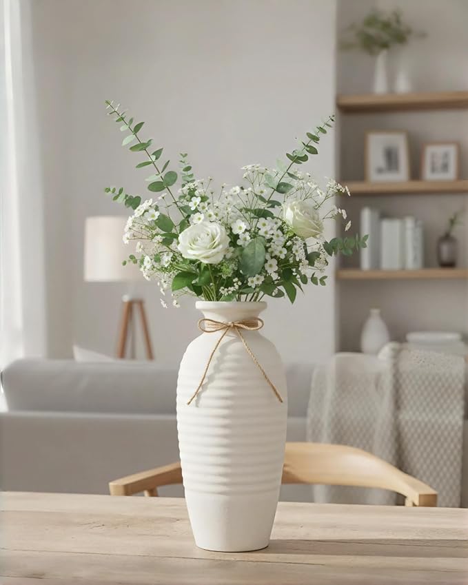 14.4 Inch Tall Ceramic Vase, Large Rustic Vintage Farmhouse Threaded Vases for House Book Shelf Office Coffee Desk Dining Fireplace,White