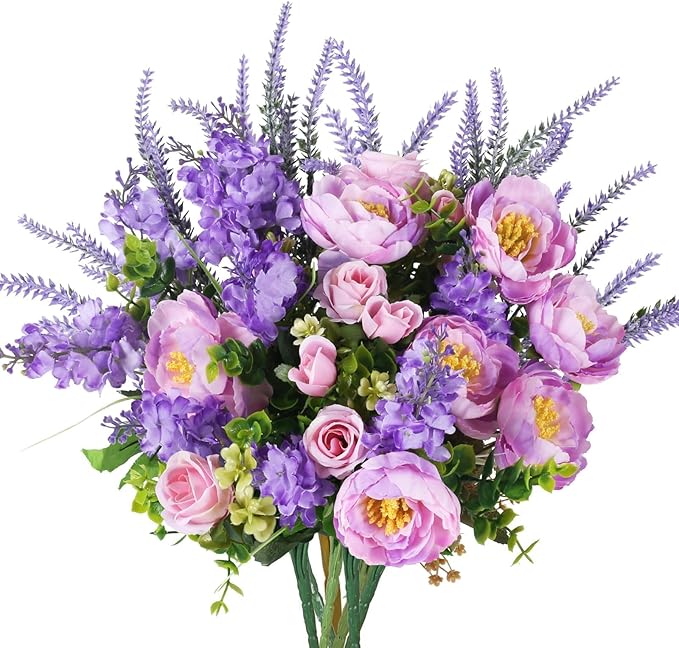 HUAESIN Artificial Flowers Silk Rose Peony Bouquets Purple Flowers Artificial Bouquet Silk Flower Arrangements for Home Table Centerpieces Wedding Indoor Outdoor Decorations