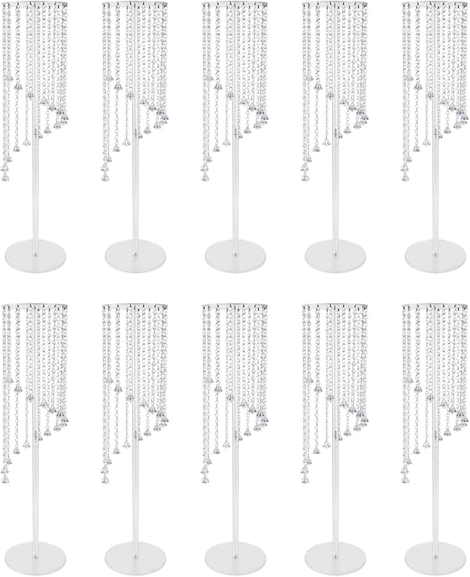 10 Pcs Acrylic Column Flower Stand with Chandelier Crystals, Clear Acrylic Tall Vases Fancy Metal Vase Stand for Weddings and Parties 7.87 x 7.87 x 31.5 Inch