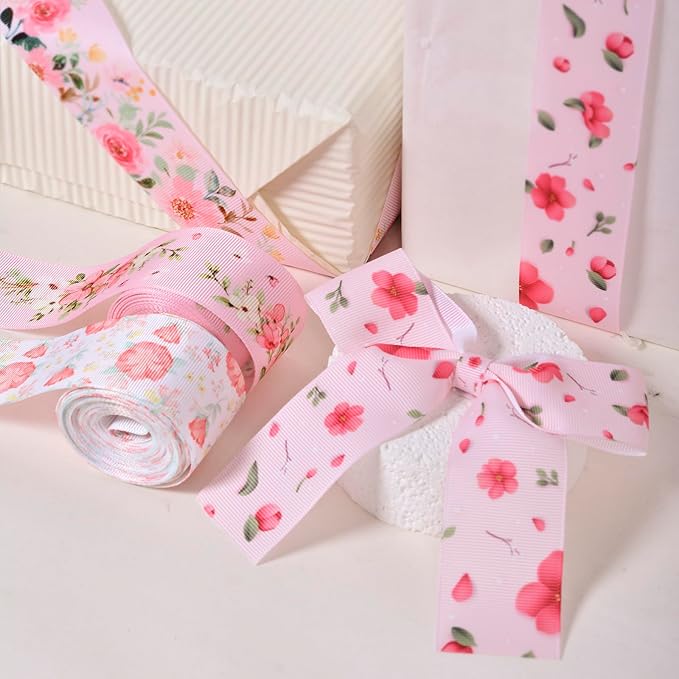 Floral Grosgrain Ribbon, 5 Rolls Flower Pattern Ribbon Spring Summer Fabric Decorative Craft Ribbon Roll for Gift Wrapping Decor Hair Bow Sewing Wreath Crafts (Pink Floral, 2.5Inch X 20Yards)