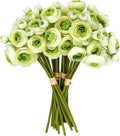 24 Pcs Ranunculus Artificial Flowers 10.5", Mini Faux Silk Ranunculus with Stem, Fake Flowers for Home Decor Indoor Wedding Bouquets Centerpieces (White and Green)