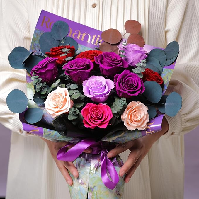 Flowers for Delivery Birthday Flowers Gift for Her,Preserved Flowers Bouquet 12 Roses Mixed Bouquet,Rose Gifts for Women Mom Grandma(Mixed 12 Purple-B Roses)