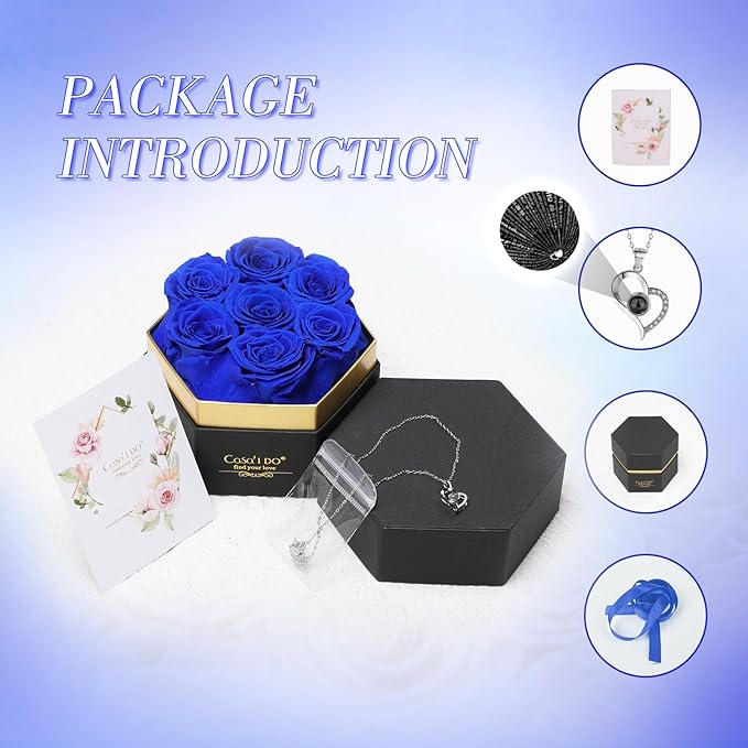 Preserved Roses Flowers for Delivery 7 Pcs, Forever Flores in a Box with Necklace, Eternal Rose Anniversary Birthday Gifts for Women Mom Wife Girlfriend, Rosas for Valentines Christmas, Blue