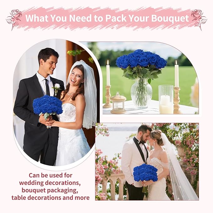 52 PCS Royal Blue Roses, Faux Blue Rose Bouquet, Silk Rose with Stems for Wedding Flowers Decoration, Valentines Day Mothers Day, Wedding Decoration