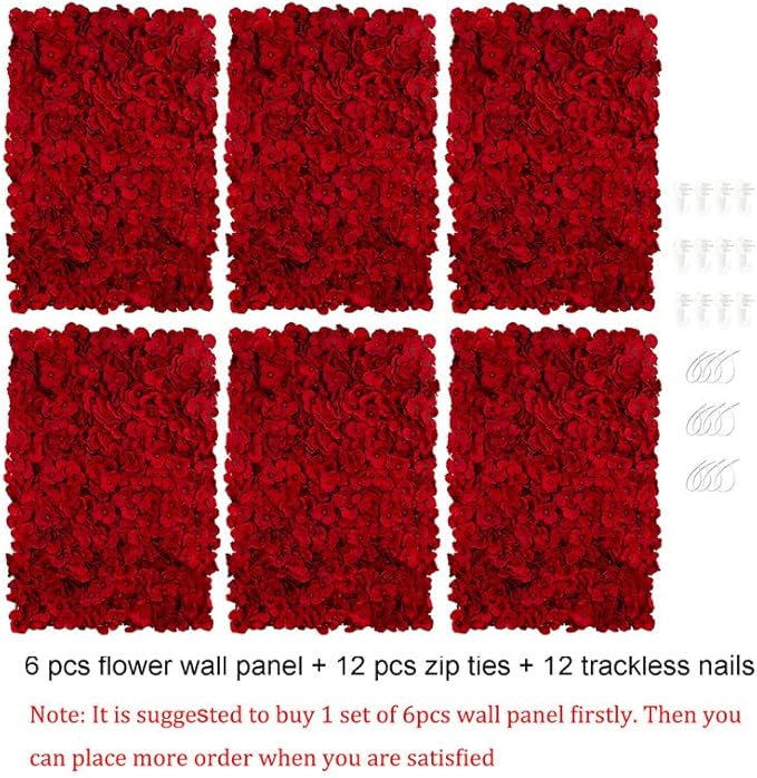 BLOSMON Flower Wall Backdrop Red - 6 Pcs 24 x 16 Inch Artificial Hydrangea Floral Panels for Wedding Party Baby Bridal Shower Decor - Fake 3D Silk Flower Backdrop Decoration