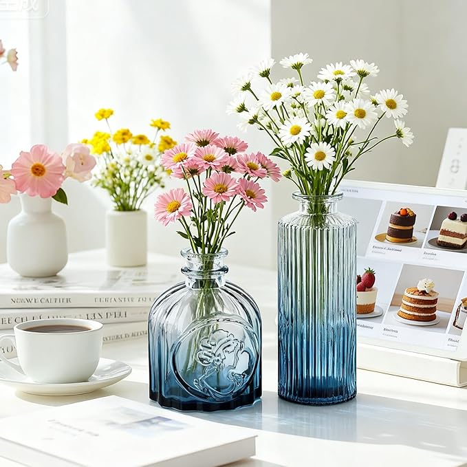 Bud Vases Set of 12, Small Mini Glass Vases for Centerpieces - Elegant Vintage Style - Perfect for Table Decor, Wedding, Party Centerpieces - Great Gift for Home Decor Lovers (Ombre Blue)