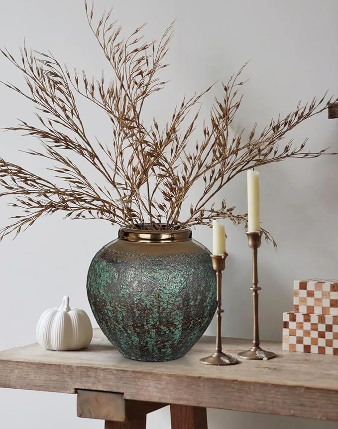 Ceramic Flower Vase, 12" Rustic Farmhouse Flower Vase with Wide Bronze Mounth, Vintage Tall Terracotta Vase for Home Office Resto Café Decoration