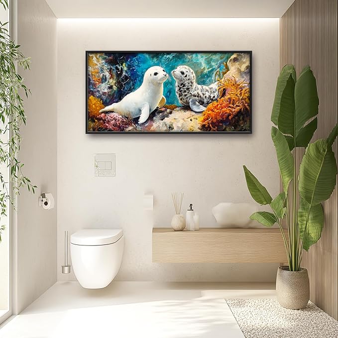 Extra Large Seal Framed Wall Art for Living Room,Oversized Underwater Animal Pictures Wall Decor,Ocean Coral Reef Canvas Print Painting Modern Artwork Bedroom Office Bathroom 60L x 30W