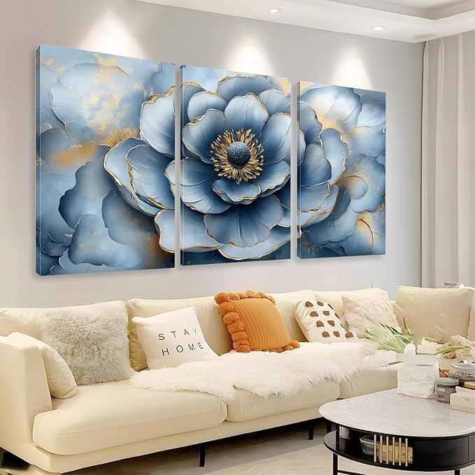 Kewhush Blue Wild Rose Canvas Wall Art, Floral Canvas Prints, Flower Blooming Set of 3 Pictures, Rose Wall Decor, Gold Accent Decor, Modern Artwork for Living Room, Bedroom (24" x 36" x 3 pcs)