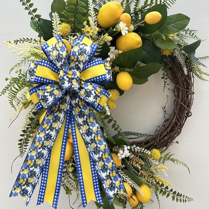 4 Rolls Lemon Wired Edge Ribbon - 2.5 Inch Wide, 20 Yards Total, Summer Yellow Lemon Print Wired Edge Set, Fashionable Grosgrain Craft Ribbon for Gift Wrapping, Hair Bundles, Party Decorations