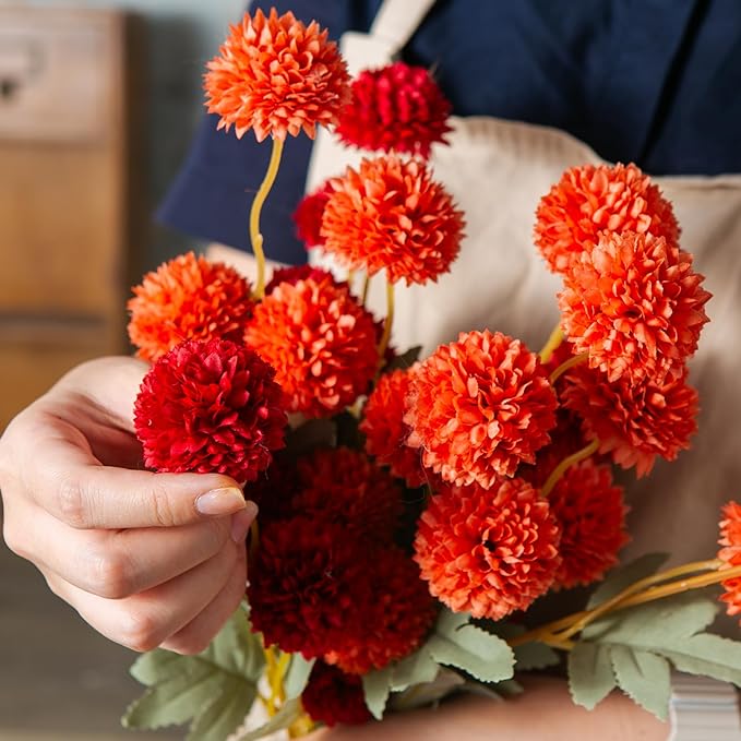 6 Artificial Silk Flowers + 3 Eucalyptus, Artificial Chrysanthemums with Stems for Home Decor,Bumnt Orange and Red Mix