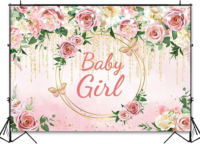 InMemory Pink Rose Baby Girl Baby Shower Backdrop Banner Decorations for Girl,Pink Floral It's a Girl Banner Photography Background for Sweet Girls Baby Shower Party Supplies Photo Booth Props 7x5ft