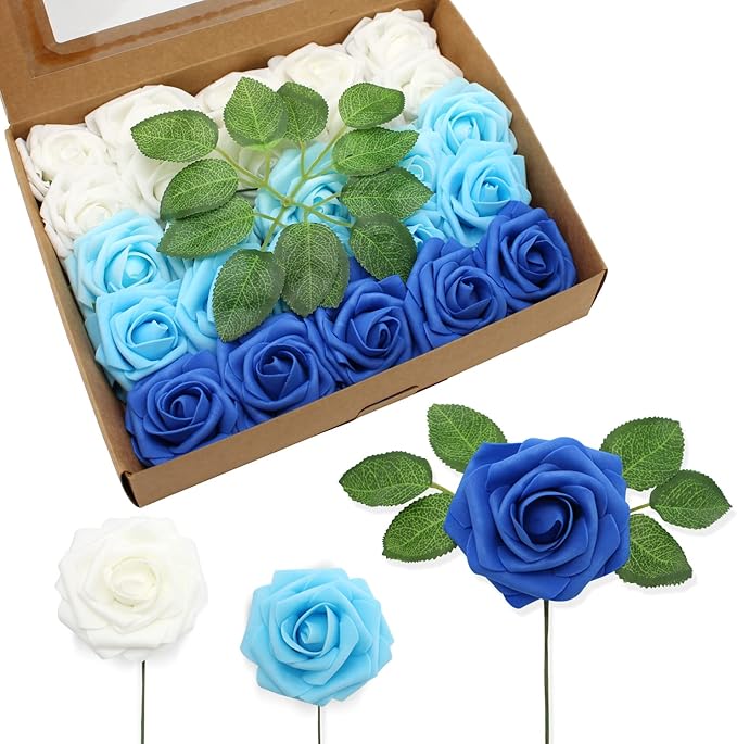 Artificial Flowers Realistic Roses, 25pcs Blue & White Real Looking Fake Roses with Stem for DIY Wedding Bouquets Centerpieces Bridal Shower Party Home Romantic Decorations (25pcs, Shades of Blue)