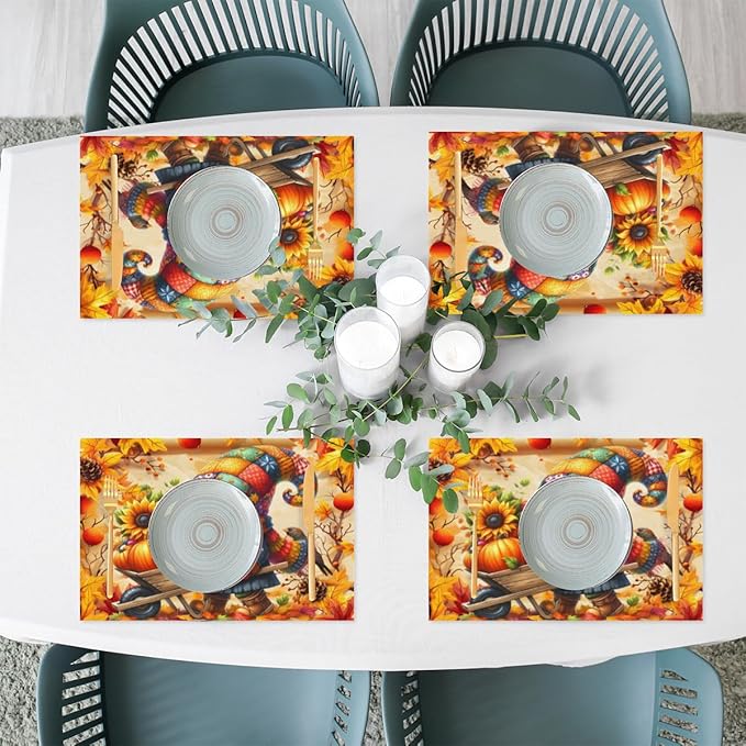 Autumn Gnome Pumpkin Flower Placemats Set of 1 PVC Vinyl Non Slip Table Mats Heat Resistant Place Mats Washable Wipeable Dining Table Mat for Kitchen Decor Party Indoor Outdoor Decorative Gift