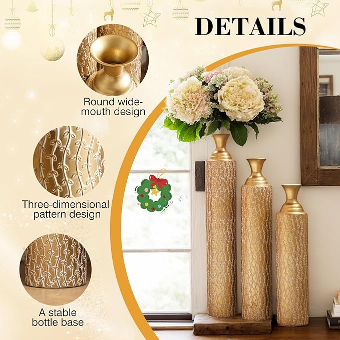 Floor Oversized Gold Metal Decorative Vase with 3D Triangle Pattern Set of 3 Large Vases for Home Living Room 33.5 ", 29.5 ", 25.2" High (Matte Gold)