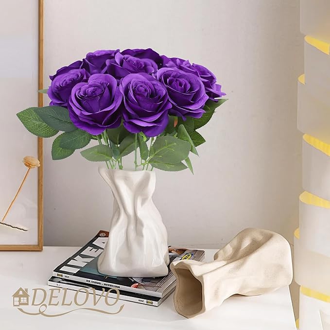 52pcs Purple Roses Artificial Flowers Fake Flowers Silk Roses with Stems for DIY Wedding Bouquets Bridal Shower Centerpieces Arrangements Party Decorations