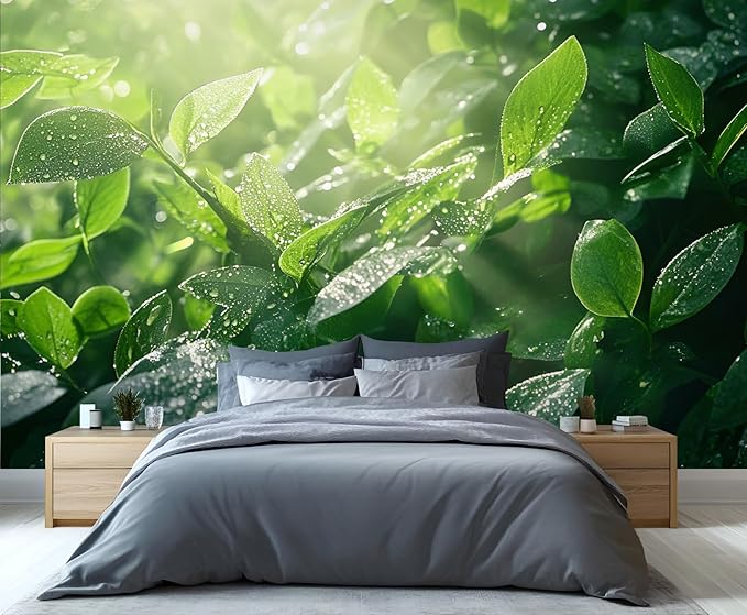 Dewdrops Green Leaf Wall Mural, Botanical Forest Sunlight 3D Wall Murals, Refreshing Nature Wallpaper Mural, for Living Room Bedroom Large Wallpaper Indoor Decor 157.5" W x110.3 H