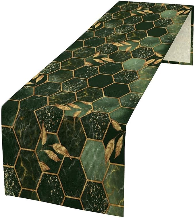 Hunter Green Marble Table Runner Abstract Dark Emerald Green Marble Hexagon Texture Golden Leaves Dinner Runner Table Decoration for Home Kitchen Dining Holiday Party 13x108in