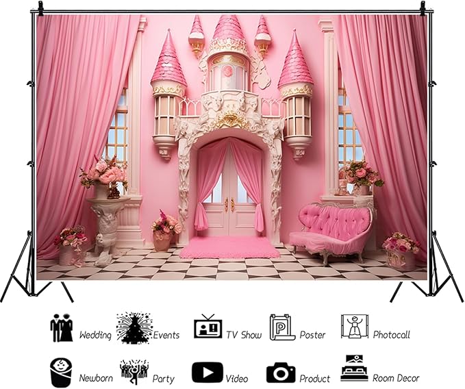 5x3ft Pink Princess Castle Backdrop Curtain Window Door Room Interior Background for Photography Sofa Flowers Vases Banner Decorations Girl Kids Birthday Baby Shower Party Photo Booth Props
