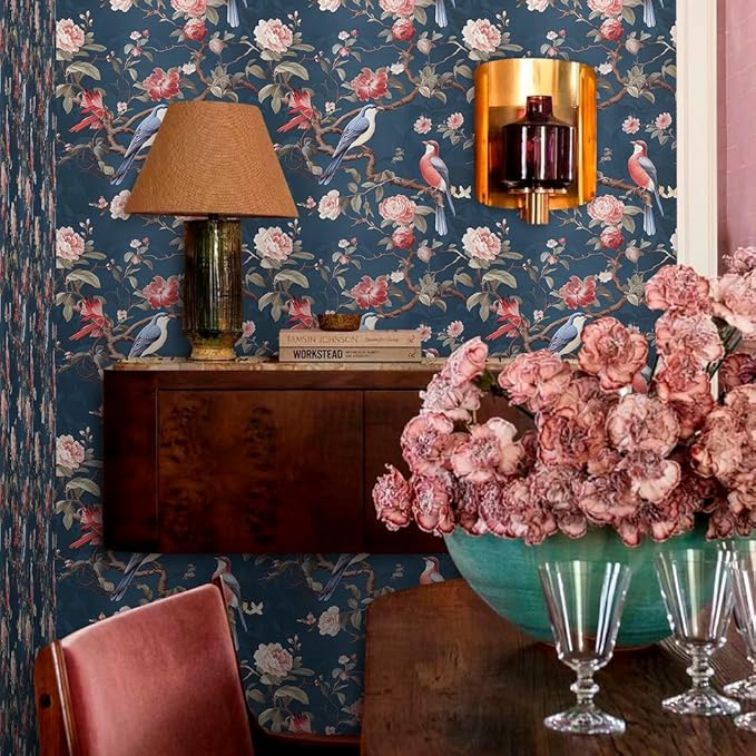Abstract Blue Red Birds Floral Vintage Peel and Stick Wallpaper Easy Peel Off Contact Paper Stick on Adhesive Wall Paper for Bathroom Waterproof Renter Friendly